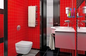 5-ка модеран комбинација боја материјала, намештаја и прибор за купатило. каже дизајнер